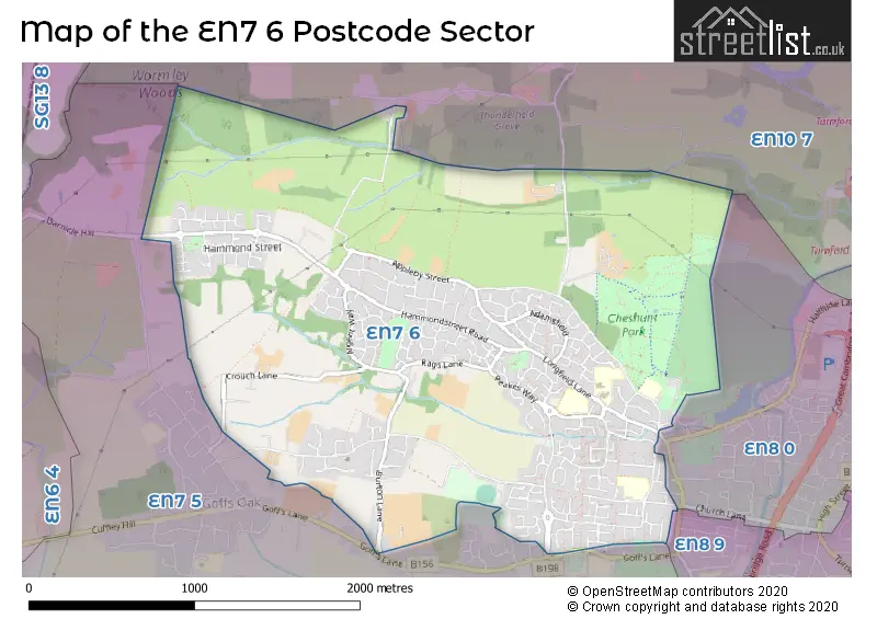 Map of the EN7 6 and surrounding postcode sector