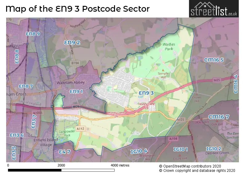 Map of the EN9 3 and surrounding postcode sector