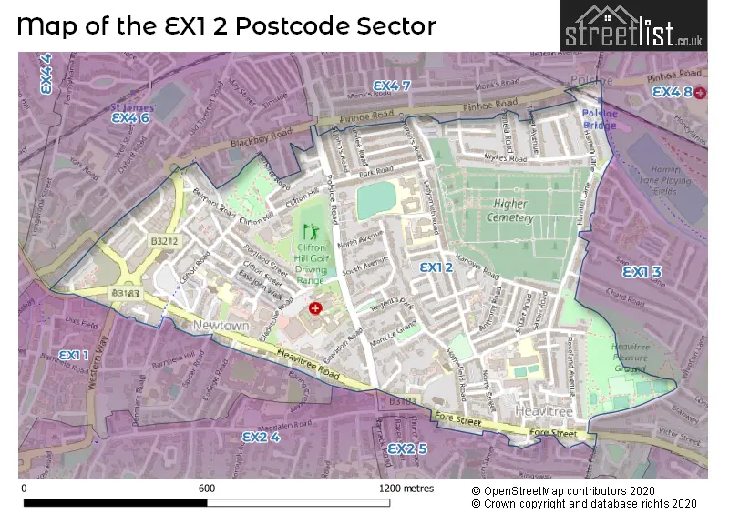 Map of the EX1 2 and surrounding postcode sector