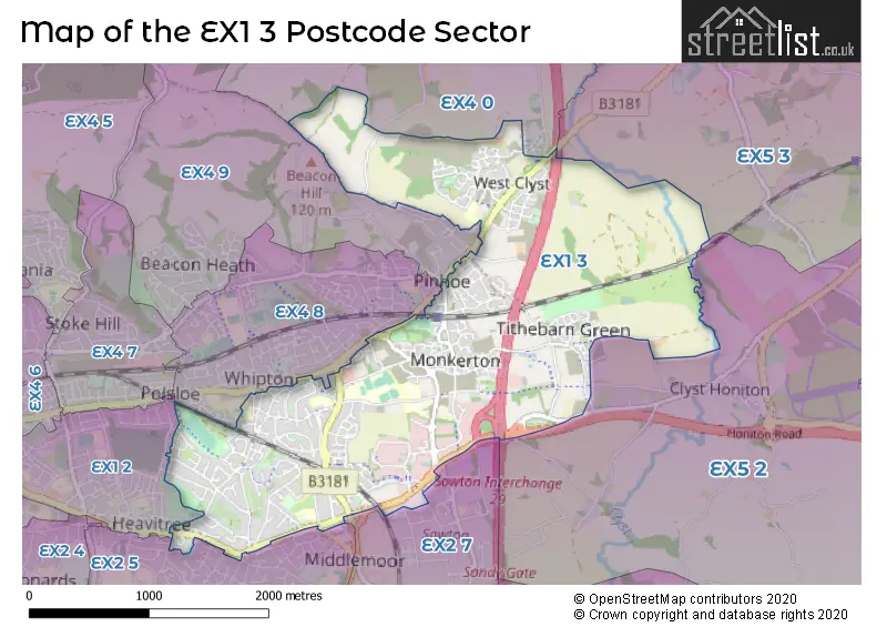 Map of the EX1 3 and surrounding postcode sector