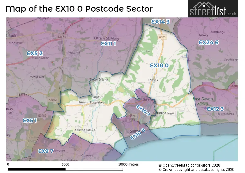 Map of the EX10 0 and surrounding postcode sector