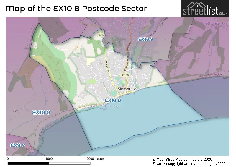 Map of the EX10 8 and surrounding postcode sector