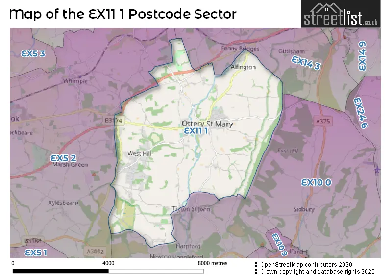 Map of the EX11 1 and surrounding postcode sector
