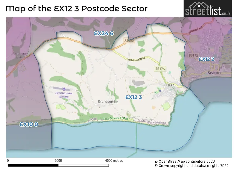 Map of the EX12 3 and surrounding postcode sector