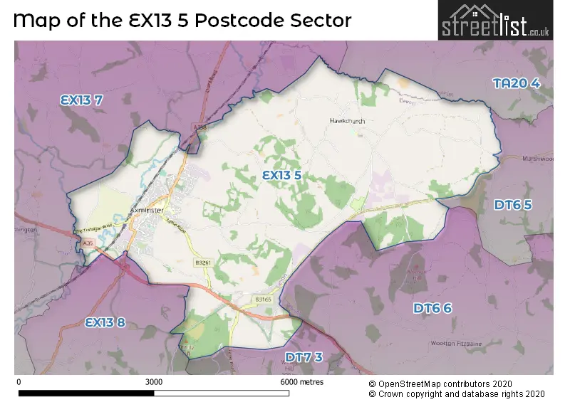 Map of the EX13 5 and surrounding postcode sector