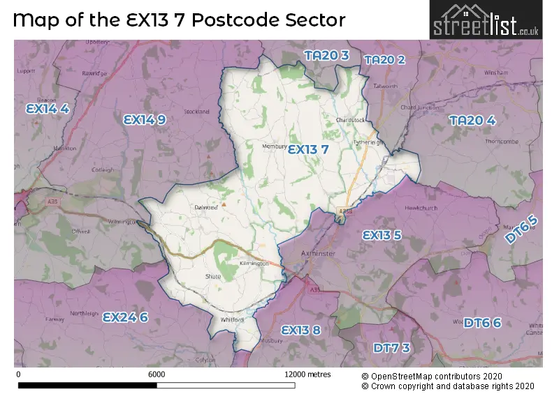 Map of the EX13 7 and surrounding postcode sector