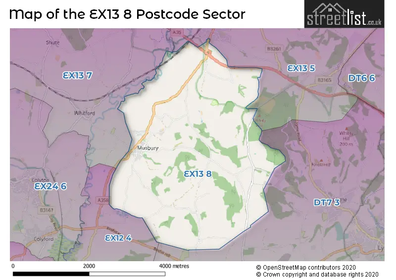 Map of the EX13 8 and surrounding postcode sector