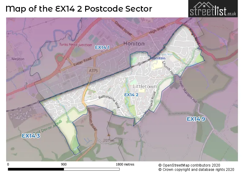Map of the EX14 2 and surrounding postcode sector