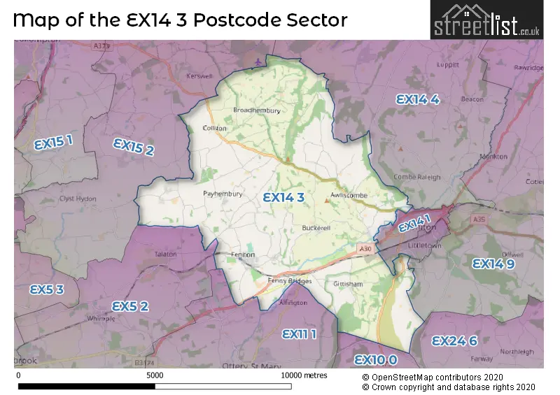 Map of the EX14 3 and surrounding postcode sector