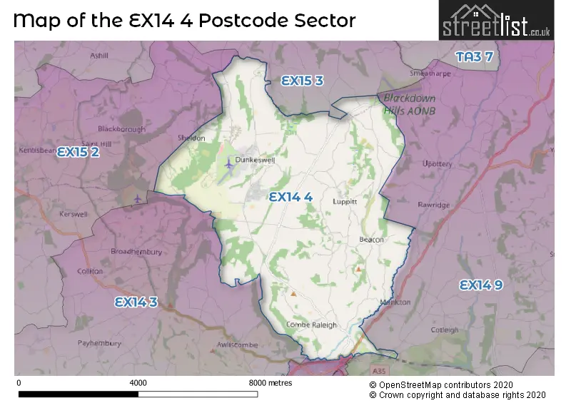 Map of the EX14 4 and surrounding postcode sector
