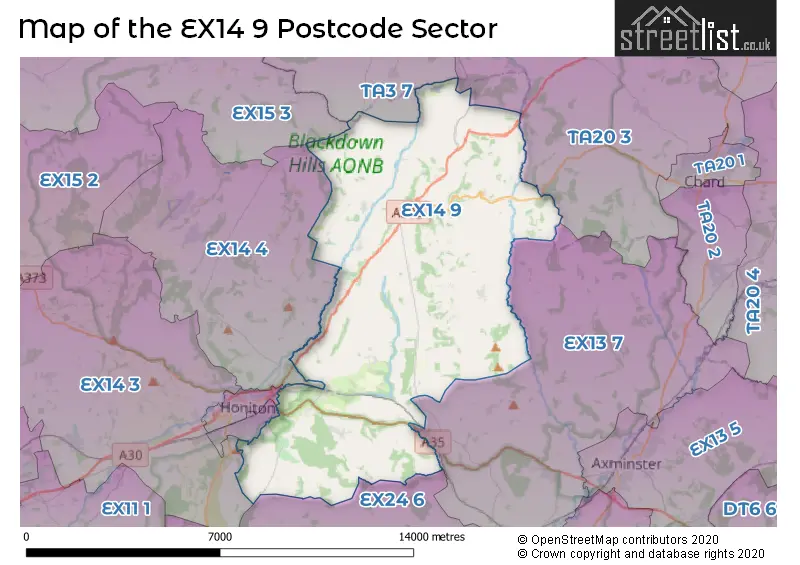 Map of the EX14 9 and surrounding postcode sector