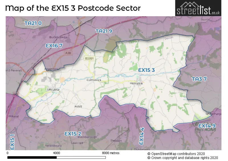 Map of the EX15 3 and surrounding postcode sector