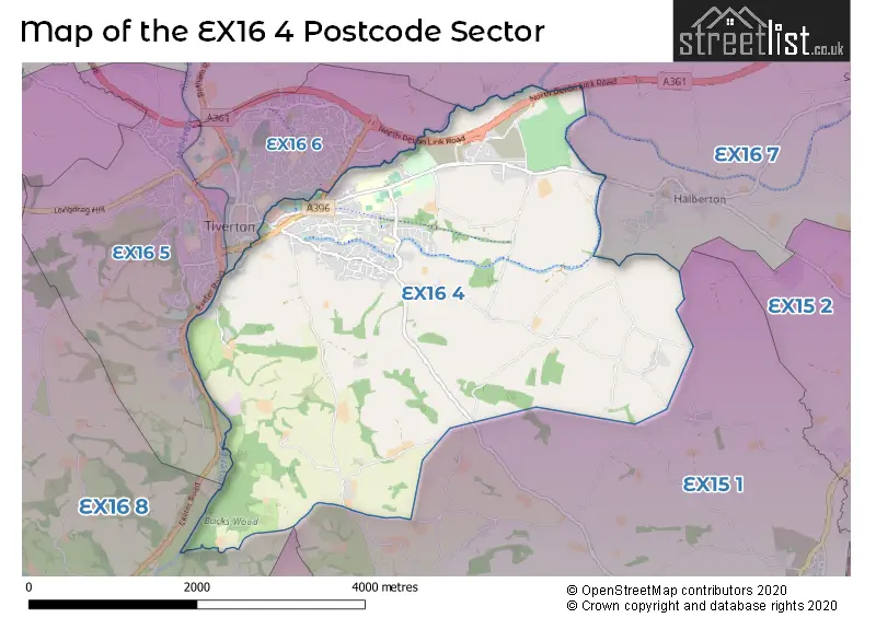 Map of the EX16 4 and surrounding postcode sector