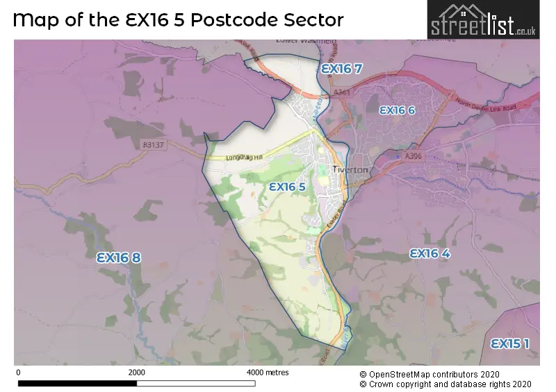 Map of the EX16 5 and surrounding postcode sector