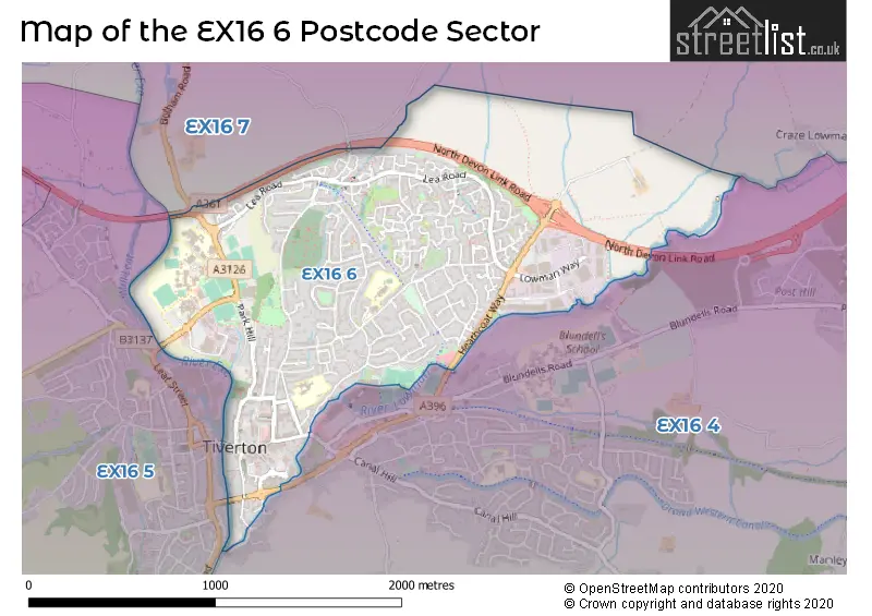 Map of the EX16 6 and surrounding postcode sector
