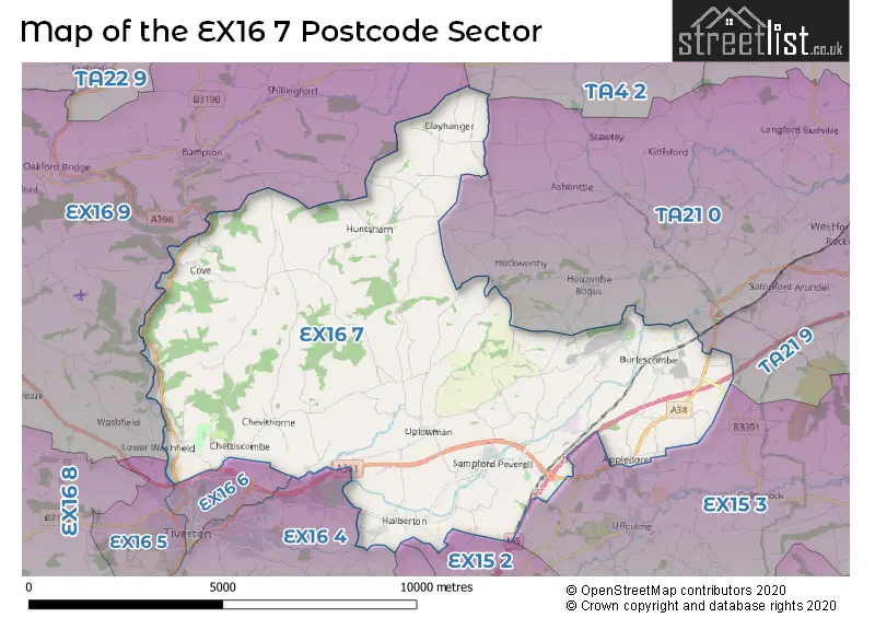 Map of the EX16 7 and surrounding postcode sector
