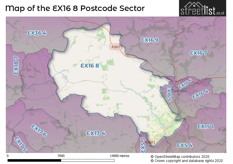 Map of the EX16 8 and surrounding postcode sector