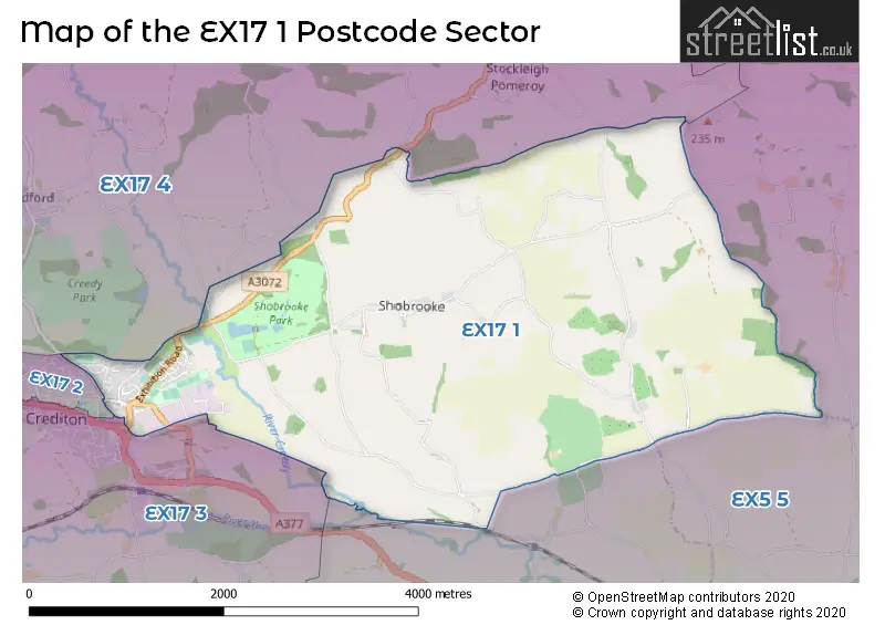 Map of the EX17 1 and surrounding postcode sector