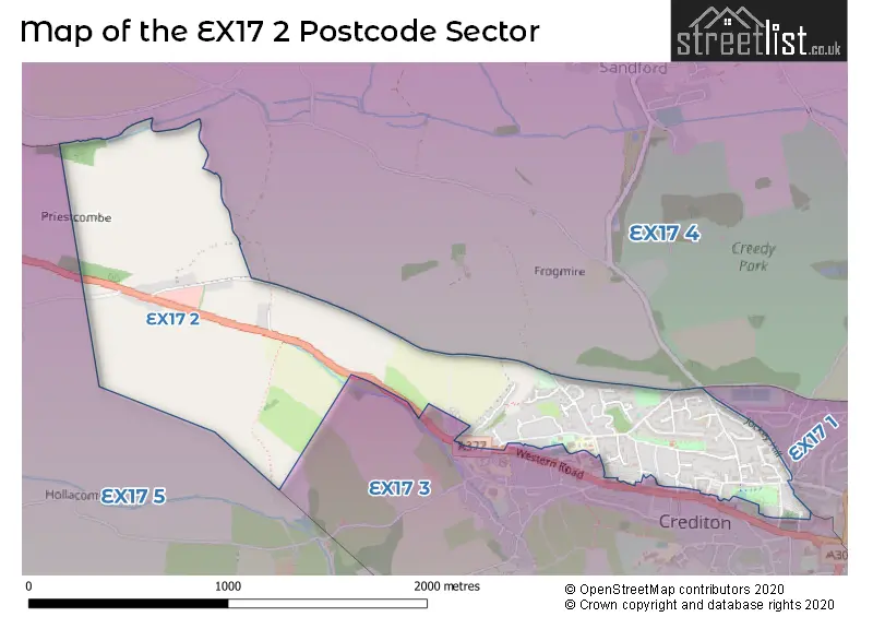 Map of the EX17 2 and surrounding postcode sector