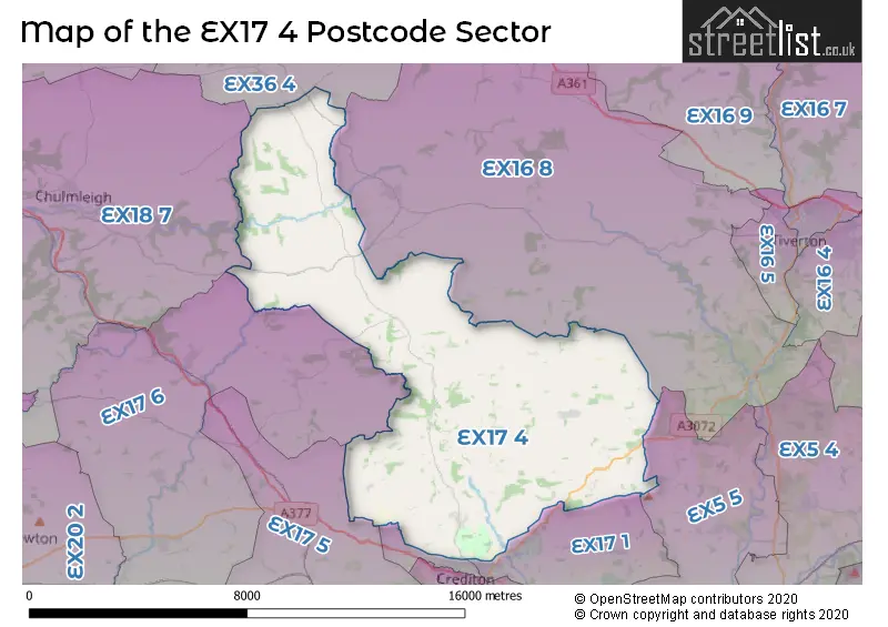 Map of the EX17 4 and surrounding postcode sector
