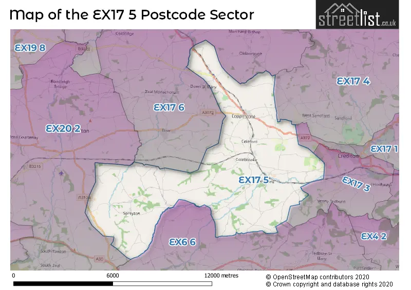 Map of the EX17 5 and surrounding postcode sector