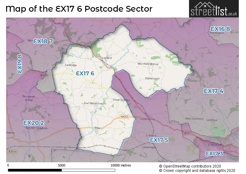 Map of the EX17 6 and surrounding postcode sector