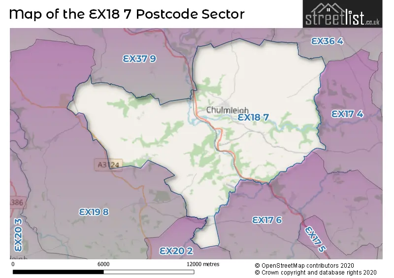 Map of the EX18 7 and surrounding postcode sector