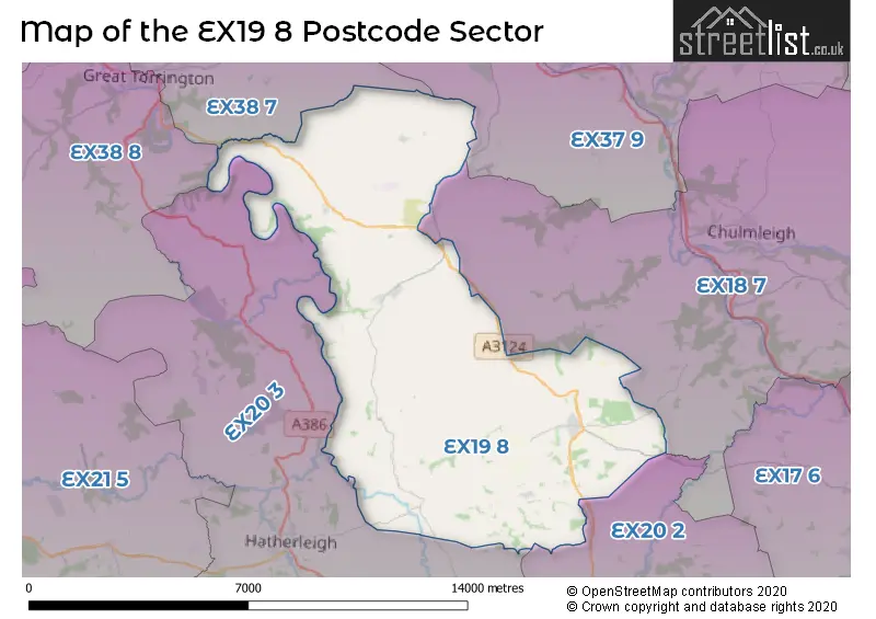 Map of the EX19 8 and surrounding postcode sector