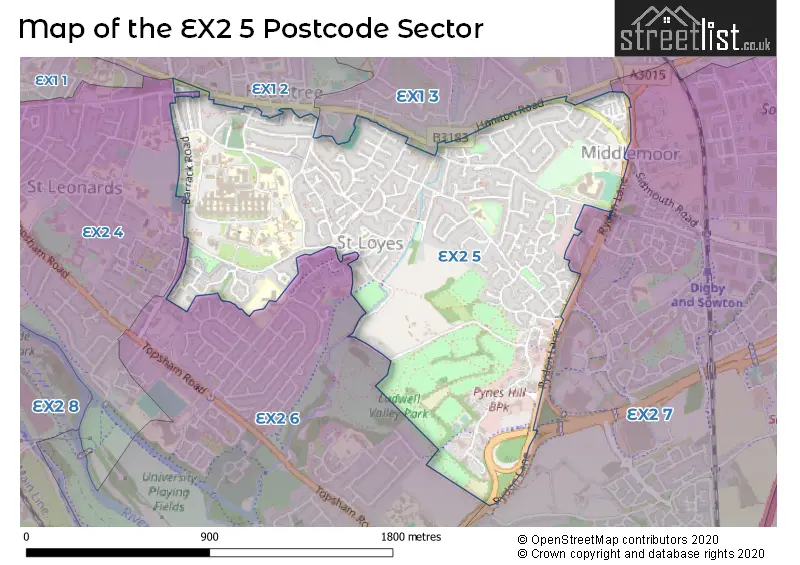 Map of the EX2 5 and surrounding postcode sector