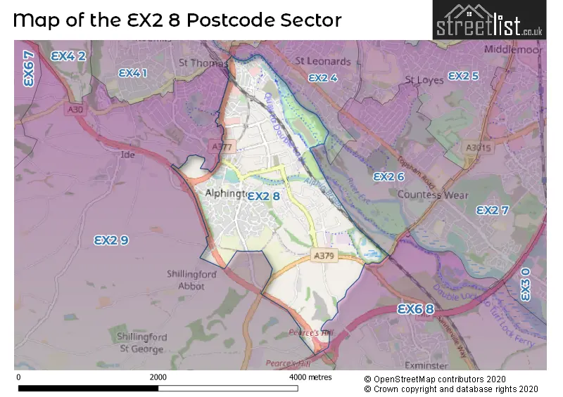 Map of the EX2 8 and surrounding postcode sector
