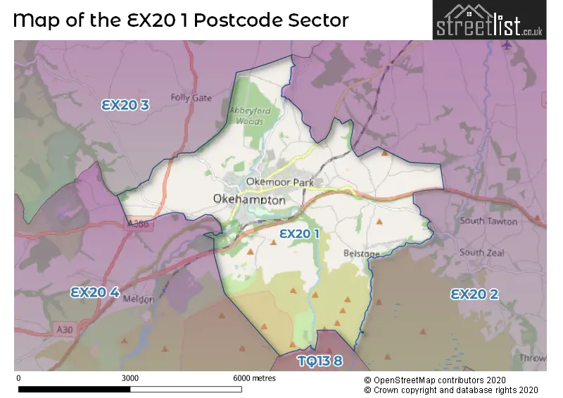 Map of the EX20 1 and surrounding postcode sector