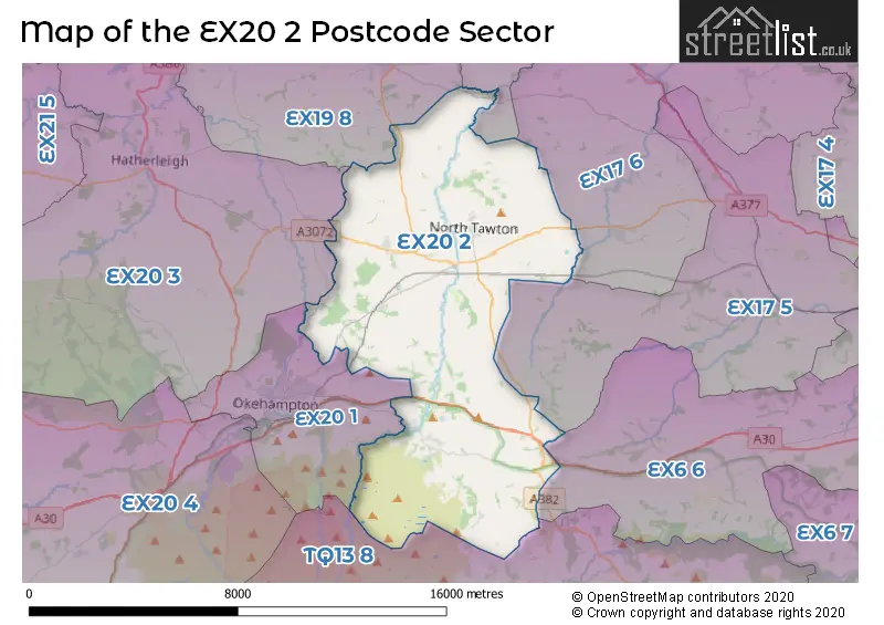Map of the EX20 2 and surrounding postcode sector