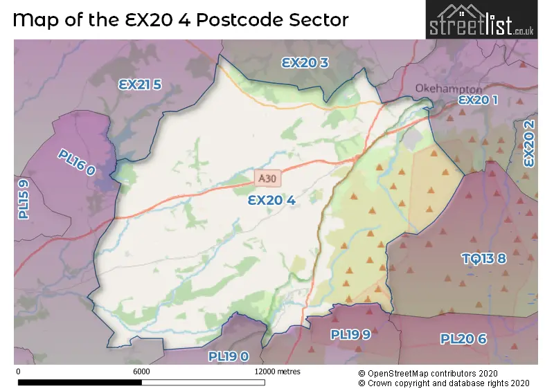 Map of the EX20 4 and surrounding postcode sector
