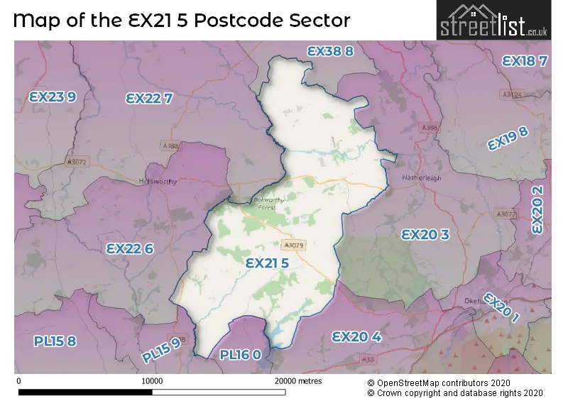 Map of the EX21 5 and surrounding postcode sector