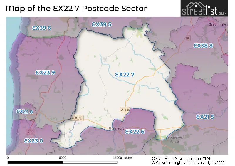 Map of the EX22 7 and surrounding postcode sector