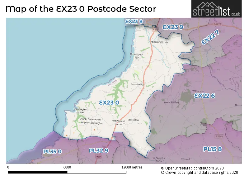 Map of the EX23 0 and surrounding postcode sector