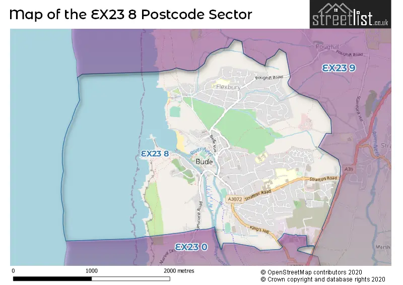 Map of the EX23 8 and surrounding postcode sector