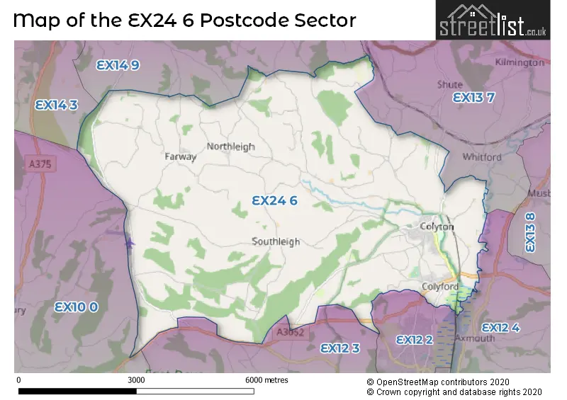 Map of the EX24 6 and surrounding postcode sector