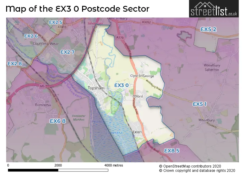 Map of the EX3 0 and surrounding postcode sector