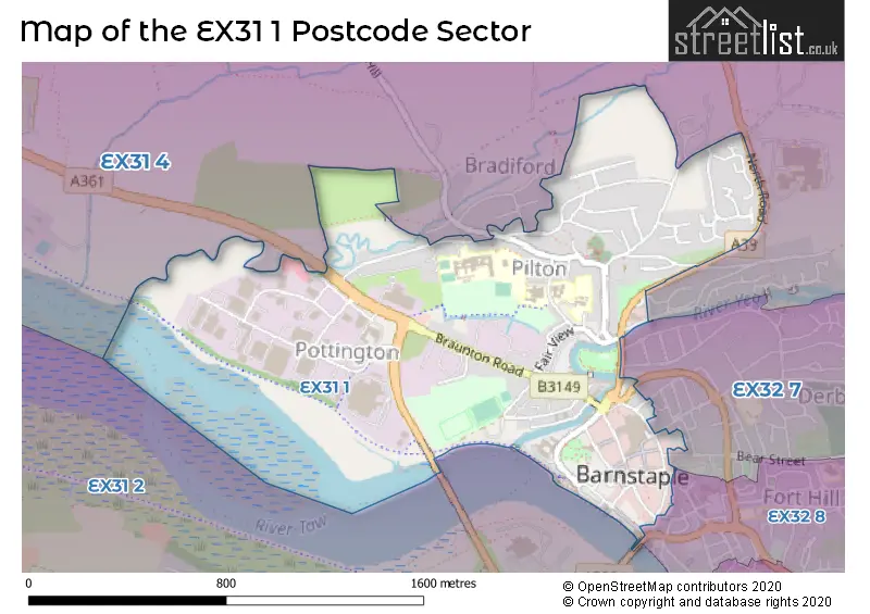 Map of the EX31 1 and surrounding postcode sector