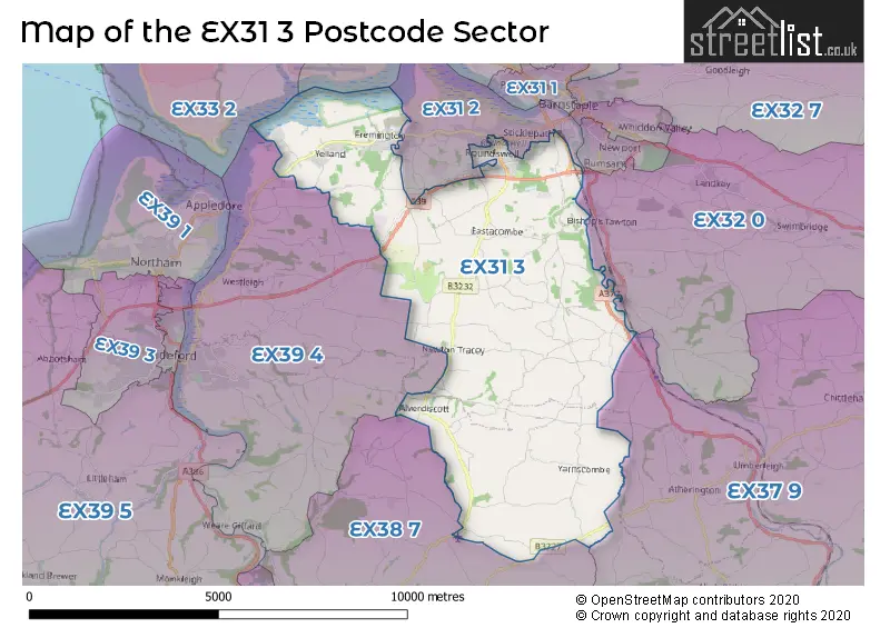 Map of the EX31 3 and surrounding postcode sector