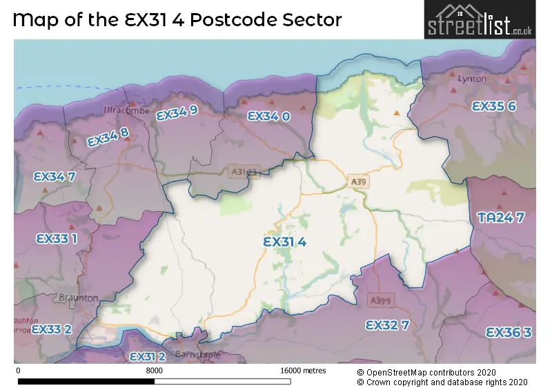 Map of the EX31 4 and surrounding postcode sector