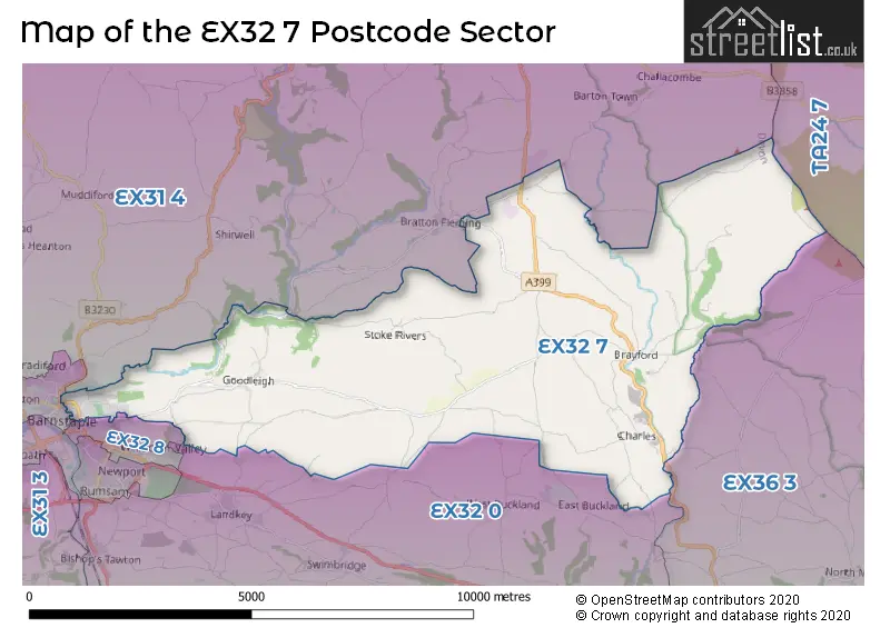 Map of the EX32 7 and surrounding postcode sector