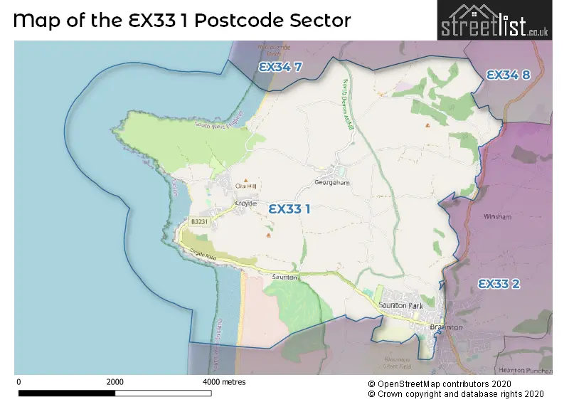 Map of the EX33 1 and surrounding postcode sector