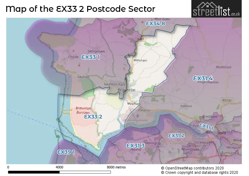 Map of the EX33 2 and surrounding postcode sector