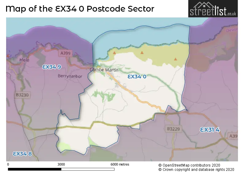Map of the EX34 0 and surrounding postcode sector