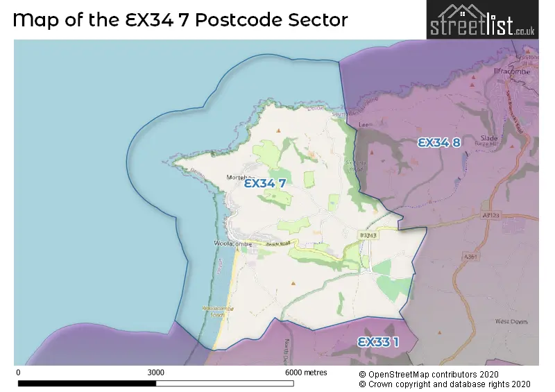 Map of the EX34 7 and surrounding postcode sector