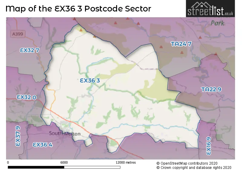 Map of the EX36 3 and surrounding postcode sector
