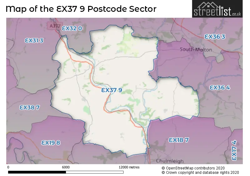 Map of the EX37 9 and surrounding postcode sector