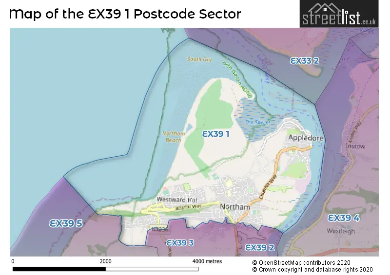 Map of the EX39 1 and surrounding postcode sector